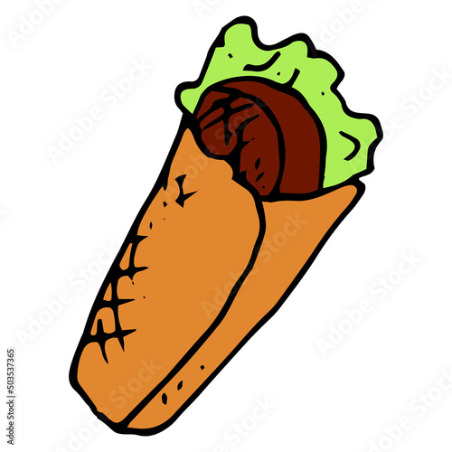 shawarma colored icon. shawarma, meat cutlet with salad of greens in tortillas, black contour isolated on white for packaging design template, label menu