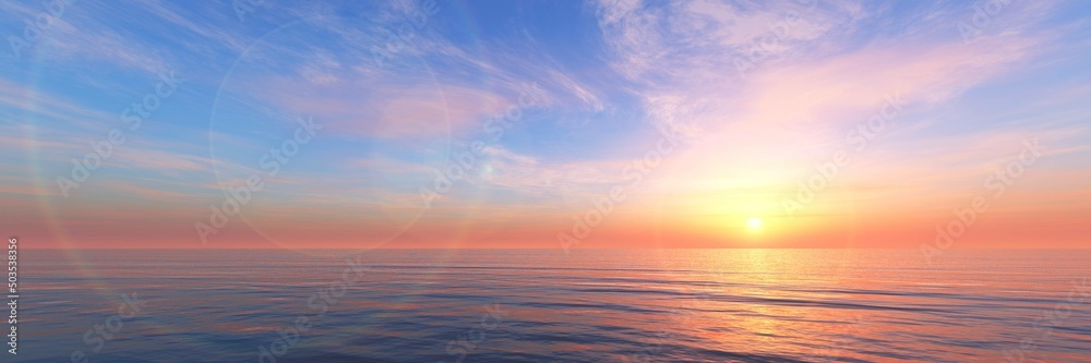 Ocean panorama sunset, seascape panoramic, 3D rendering