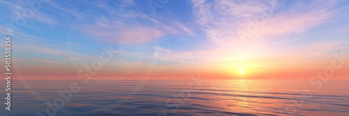 Fototapeta Naklejka Na Ścianę i Meble -  Ocean panorama sunset, seascape panoramic, 3D rendering