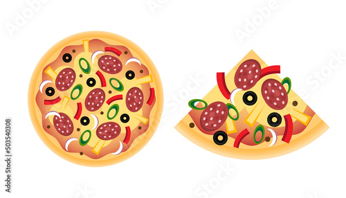 Pizza with sausage, whole and slice. Vector stock illustration.
