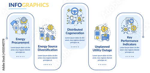 Successful energy management rectangle infographic template. Cogeneration. Data visualization with 5 steps. Process timeline info chart. Workflow layout with line icons. Lato-Bold, Regular fonts used