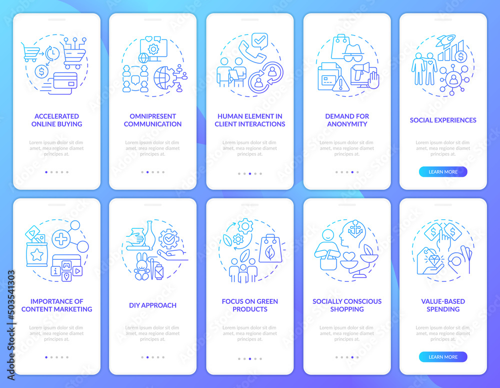 Customer needs blue gradient onboarding mobile app screen set. Walkthrough 5 steps graphic instructions pages with linear concepts. UI, UX, GUI template. Myriad Pro-Bold, Regular fonts used
