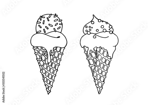 A set of ice cream cones with icing and sprinkles.