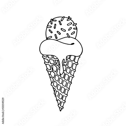 Sweet ice cream in a waffle cone. Ice cream for packaging, coloring, decor. Ice cream ball.