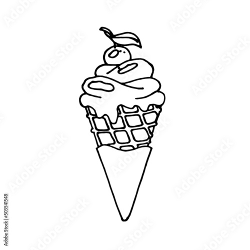 Black and white vector image of ice cream in a waffle cone. Idea for packaging, coloring, creativity