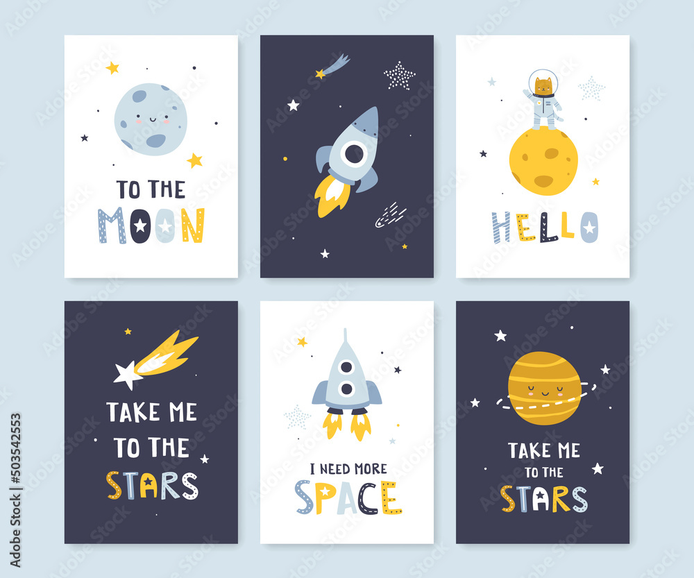 Cute scandinavian cosmic posters bundle. Collection of space prints with lettering for nursery. Wall art set for baby.