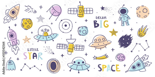 Space doodles bundle. Outline cosmic doodle collection. Set of cute outer space cartoon prints and lettering.