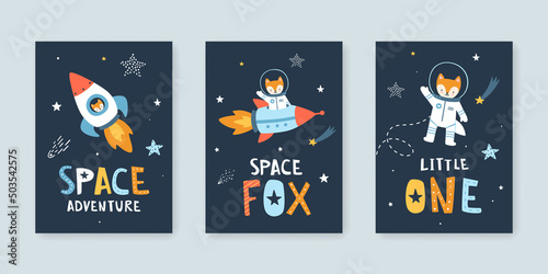 Set of posters with little fox astronaut in the space. Cute collection of cosmic vector prints with animal cosmonaut.