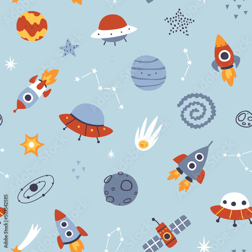 Scandinavian pattern with space adventure. Cute cosmic vector seamless print for kids and nursery wallpaper.