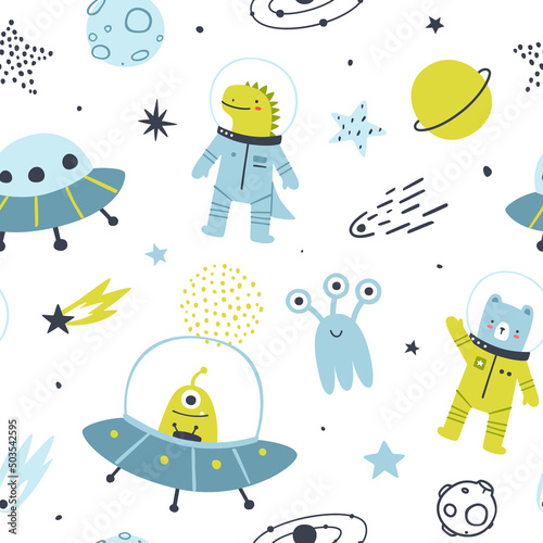 Scandinavian space pattern with animal cosmonauts and aliens. Cute cosmic vector seamless print for kids.