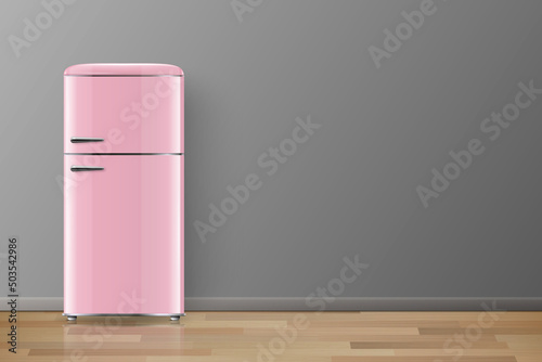 Vector Banner with 3d Realistic Glossy Pink Retro Vintage Fridge Isolated. Vertical Simple Refrigerator. Closed Fridge. Design Template, Mockup of Fridge. Front View