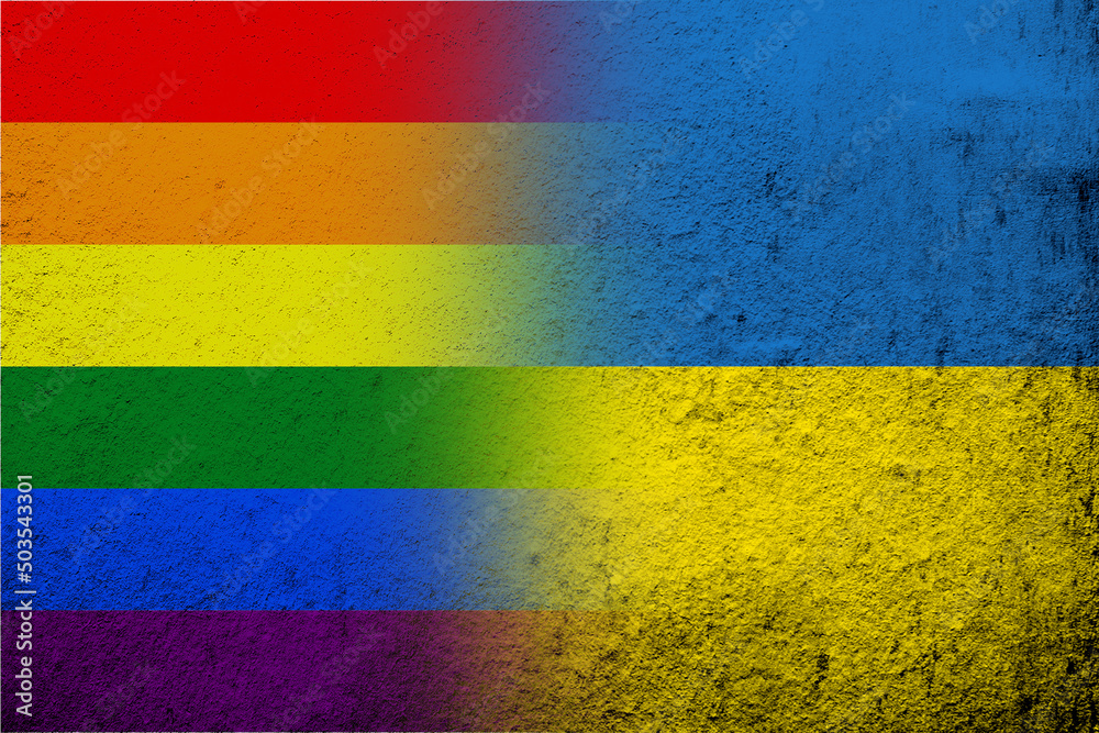 National flag of Ukraine with Rainbow LGBT pride flag. Grunge background National flag of Ukraine with Rainbow LGBT pride flag. Grunge background