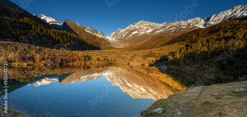 Reflection of autumn landscape in lake grundsee. photo