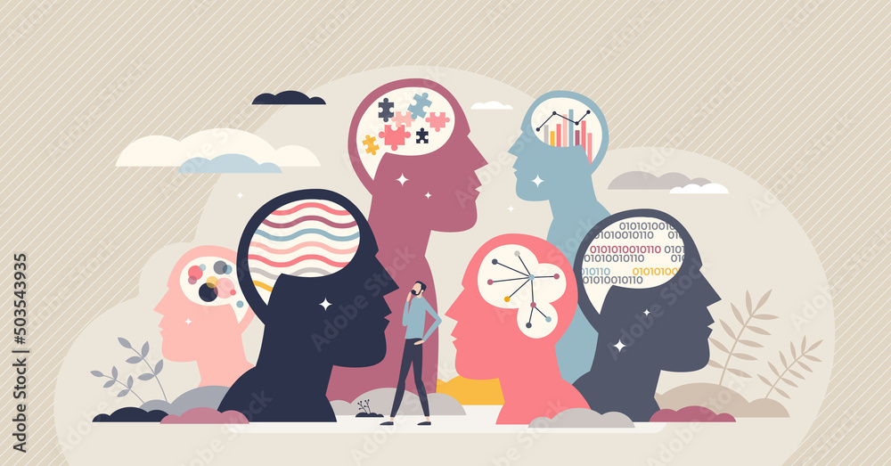 Personality differences and individual thinking styles tiny person concept. Mental mindset variation in social community with different emotions, behavior and people characters vector illustration. - obrazy, fototapety, plakaty 