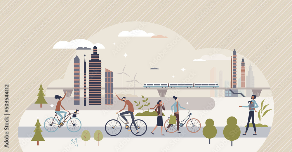 Save earth and use walking, cycling and public transport tiny person concept. Avoid private cars to reduce CO2 emissions pollution and support ecological and sustainable lifestyle vector illustration. - obrazy, fototapety, plakaty 
