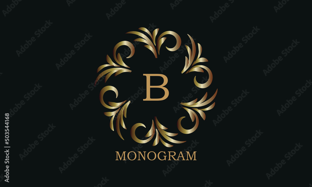 Golden monogram design template with letter B. Round logo, business identity sign for restaurant, boutique, cafe, hotel, heraldic, jewelry.