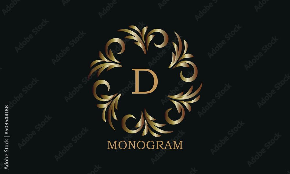 Golden monogram design template with letter D. Round logo, business identity sign for restaurant, boutique, cafe, hotel, heraldic, jewelry.