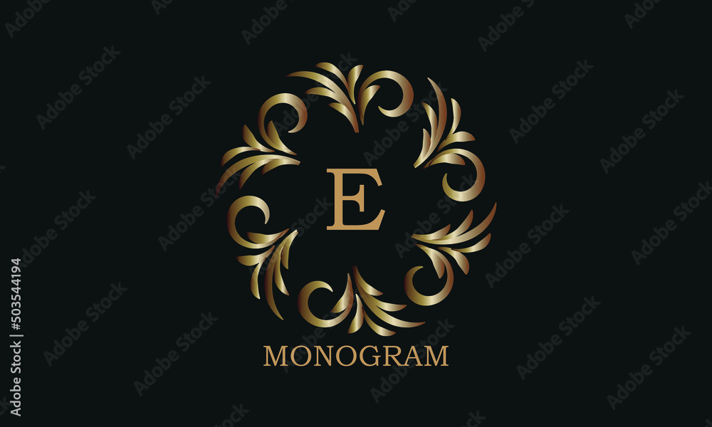 Golden monogram design template with letter E. Round logo, business identity sign for restaurant, boutique, cafe, hotel, heraldic, jewelry. Golden monogram design template with letter E. Round logo, business identity sign for restaurant, boutique, cafe, hotel, heraldic, jewelry.