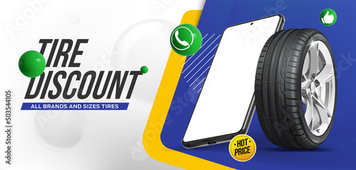Tire discount. Cell phone along with bus. Rubber tire on cast rim. Advertising horizontal banner. White-blue background. hot price. Internet page. Brochure. Promo action. Call to phone service.