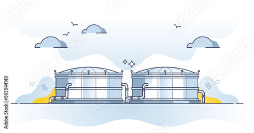 Crude oil storage tank building with large container for fuel outline concept. Petroleum product supply facility with cylinder construction for fuel manufacturing infrastructure vector illustration.