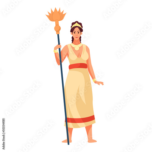 Demeter greek goddess from ancient mythology. Female character in white dress. Agriculture god. Isolated vector illustration in cartoon style