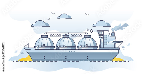 LNG gas tanker as liquefied natural gas transportation outline concept. Facility for managing fossil butane and propane logistics vector illustration. Methane cargo ship for long distance delivery.
