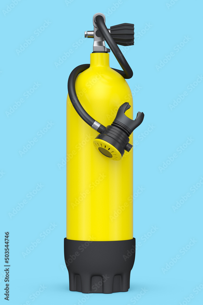 Yellow diving tank full oxygen for snorkeling isolated on blue background Yellow diving tank full oxygen for snorkeling isolated on blue background