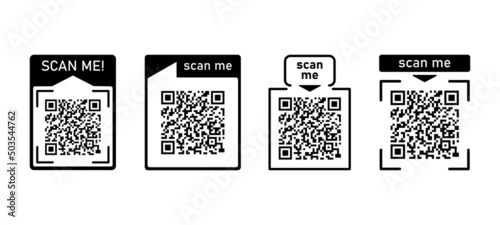 Set Scan me icons frame with Qr code for smartphone isolated on white background. Qr code for payment, advertising, mobile app vector illustration.