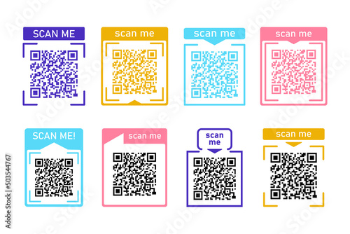 Set Scan me color icons frame with Qr code for smartphone isolated on white background. Qr code for payment, advertising, mobile app vector illustration.