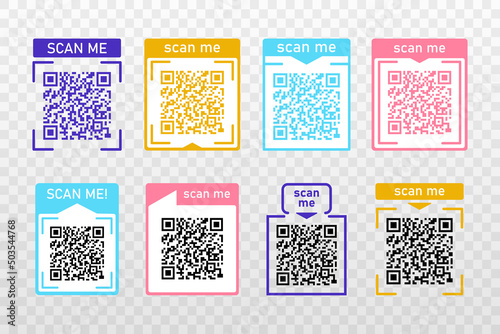 Set Scan me color icons frame with Qr code for smartphone isolated on transparent background. Qr code for payment, advertising, mobile app vector illustration.