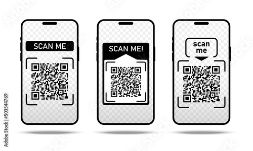 Scan me icon frame Qr code with smartphone isolated on white background. Qr code for payment, advertising, mobile app vector illustration. photo