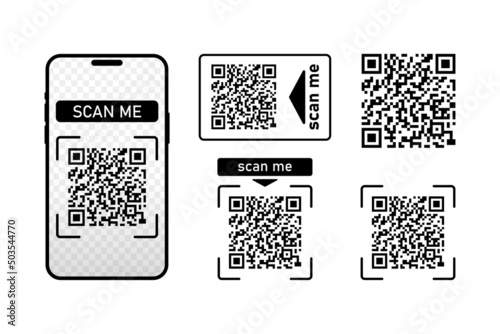 Set Scan me icons frame with Qr code and smartphone isolated on white background. Qr code for payment, advertising, mobile app vector illustration.