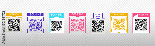 Set Scan me color icons frame with Qr code for smartphone isolated on transparent background. Qr code for payment, advertising, mobile app vector illustration.