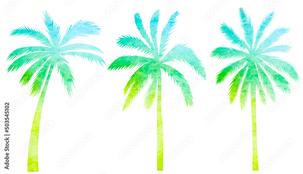 palm trees watercolor silhouette, on white background, isolated, vector
