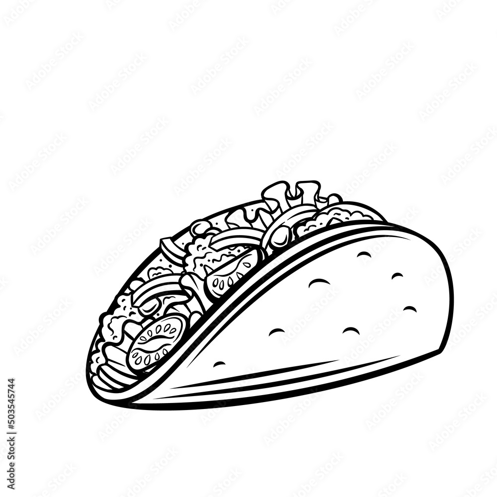 Tacos with meat and vegetable outline icon. Drawn monochrome traditional mexican fast food. Vector illustration in retro style. Tacos with meat and vegetable outline icon. Drawn monochrome traditional mexican fast food. Vector illustration in retro style.