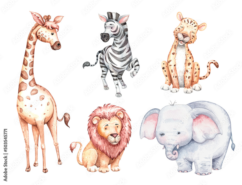 Naklejka premium Africa character animal watercolor illustration set with baby giraffe, elephant, lion, zebra and leopard for banner, Baby shower and Mother's day clipping path isolated on white background.