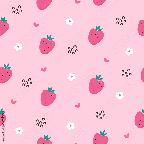Cute vector seamless pattern with hand-drawn strawberries in pink colors