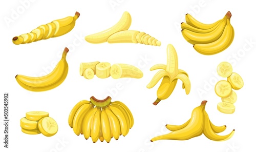 Bunch of bananas, half peeled banana and slices of tropical fruits, snack. Vegan food vector icon, cartoon style.