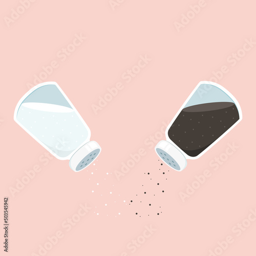 Salt and pepper shaker vector. Pair of transparent glass shaker with metal cap. Vector illustration cartoon flat icon isolated on pastel background.