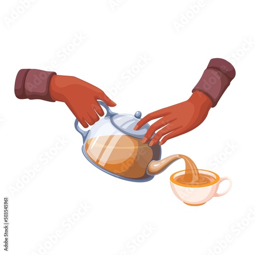 Glass teapot, hands pouring tea into cup. Vector illustration.