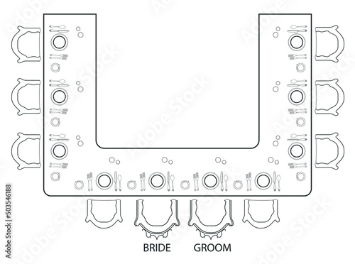 Wedding table placement concept with plates, spoon, fork, chair, 2d vector design idea