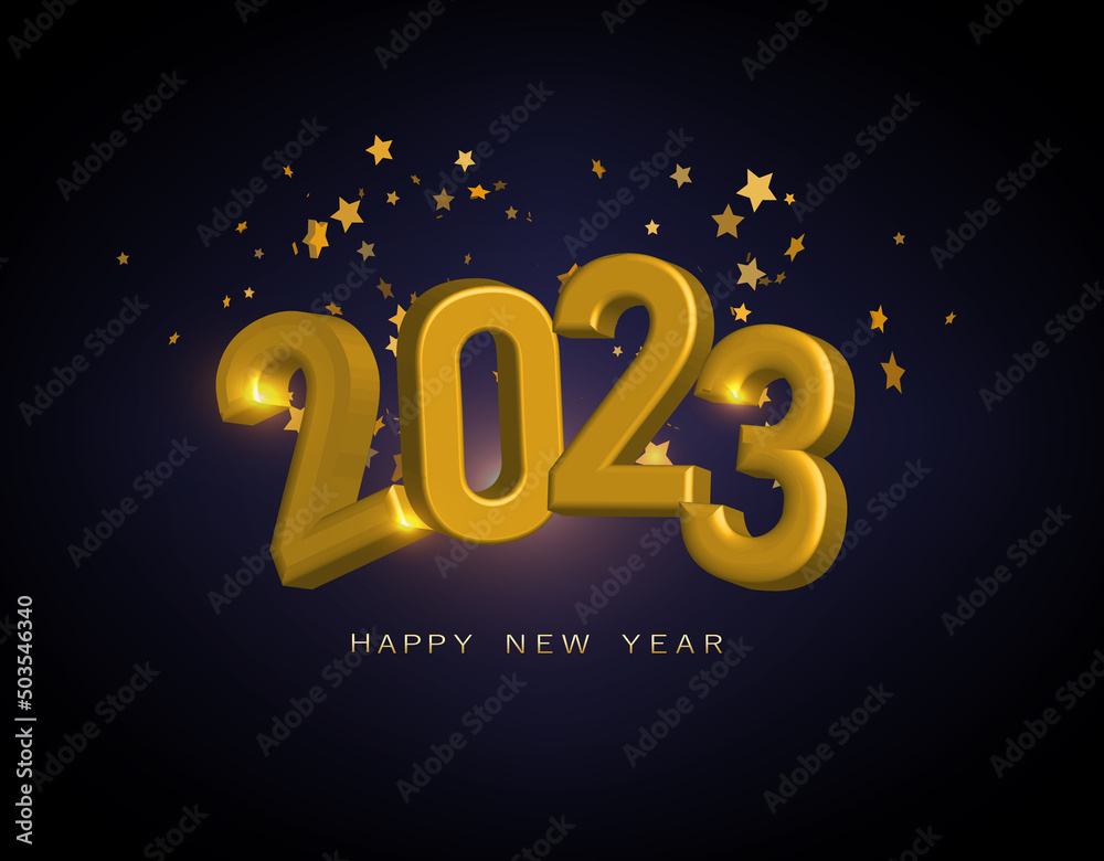 Happy New Year 2023. Festive vector illustration of 2023 golden metallic numbers and sparkling sparkles. Realistic 3d sign.