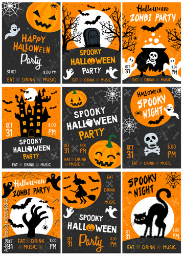 halloween party flyer template. big set. vector image in cartoon style