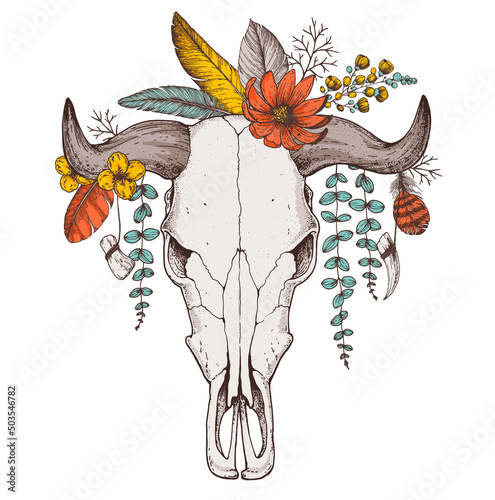 Buffalo Skull and flowers hand drawn illustration. Wild west print. Vector illustration. Tattoo vintage print. Buffalo Skull and floral bouquet. T-shirt design.