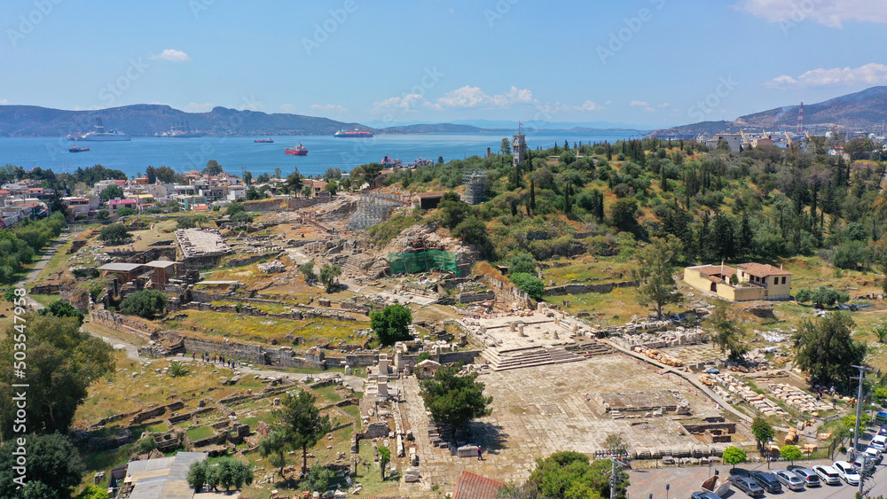 Aerial drone photo of iconic archaeological site and Sanctuary of Ancient Elefsina mainly known for the Great Mysteries - the Eleusinian Mysteries, Attica, Greece