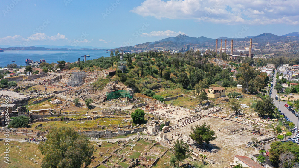 Aerial drone photo of iconic archaeological site and Sanctuary of Ancient Elefsina mainly known for the Great Mysteries - the Eleusinian Mysteries, Attica, Greece