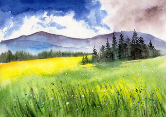 Foto auf Acrylglas Gelb Aquarellillustration einer Landschaft mit einem grasbewachsenen gelbgrünen Feld, fernen Bergen und einem kleinen Hain von Nadelbäumen  © Мария Тарасова