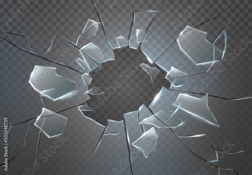 3d realistic vector icon. Broken glass, cracked hole with broken pieces with flying around cracks. Isolated on transparent background.