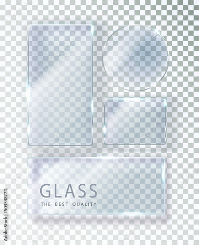 Set of transparent glass banners. Vector glass plates with place for inscriptions. Flat glass isolated on transparent background. Realistic 3D design. Vector transparent object.