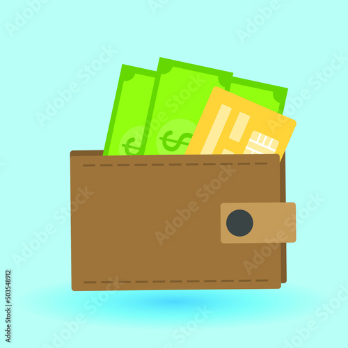 Brown wallet with green paper money and yellow credit card, money icon vector. Wallet with flat money icon. Online payment concept.
